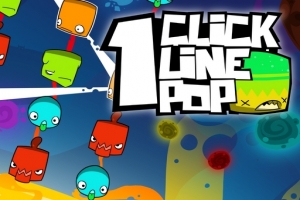 Värikkäitä, ilmeikkäitä kuutioita ja palloja sinisellä taustalla ison tekstin Click Line Pop vieressä