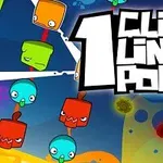 Värikkäitä, ilmeikkäitä kuutioita ja palloja sinisellä taustalla ison tekstin Click Line Pop vieressä