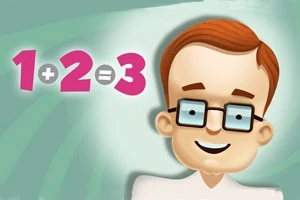 Animoitu hahmo, jolla on ruskeat hiukset ja silmälasit, hymyilee vieressä näkyvälle matemaattiselle yhtälölle 1+2=3