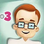 Animoitu hahmo, jolla on ruskeat hiukset ja silmälasit, hymyilee vieressä näkyvälle matemaattiselle yhtälölle 1+2=3