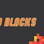 Tekstinä 10 BLOCKS oransseilla kirjaimilla tummalla taustalla, neljä kirjavaa pikselikuviota kulmissa