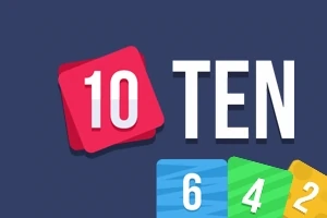 Tummaa taustaa vasten näkyy numero 10 punaisella laatalla, sana TEN valkoisella, ja alareunassa värikkäitä kortteja numeroilla 6, 4 ja 2