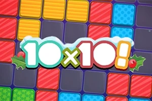 Koristeellinen 10x10-logo värikkäällä ruudukkotaustalla ja jouluteemaisilla koristeluilla
