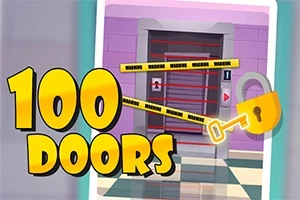 Kuvassa on suljettu ovi, jonka edessä on varoitusteippejä ja avaimen kuva, ja vasemmalla puolella iso teksti 100 DOORS