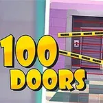 Kuvassa on suljettu ovi, jonka edessä on varoitusteippejä ja avaimen kuva, ja vasemmalla puolella iso teksti 100 DOORS