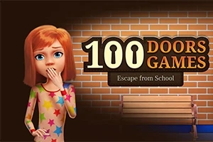 Animoitu tyttö värikkäässä vaatteessa seisoo tiiliseinän edessä, jossa on teksti 100 Doors Games