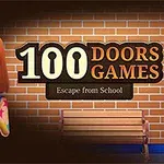 Animoitu tyttö värikkäässä vaatteessa seisoo tiiliseinän edessä, jossa on teksti 100 Doors Games