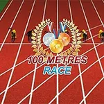 Kilpailijoita lähdössä juoksuradalle otsikon 100 Metres Race alla