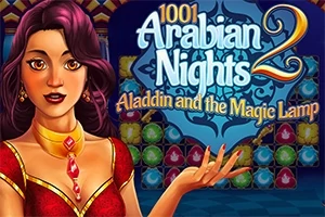 Nainen punaisessa mekossa seisoo värikkään taustan edessä, yläpuolella teksti 1001 Arabian Nights 2: Aladdin and the Magic Lamp