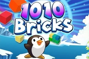 Pingviini seisoo jäätiköllä värikkäiden palikoiden kanssa kirkkaan taustan edessä, jossa lukee 1010 Bricks
