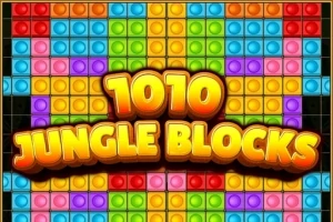 Värikkäitä, neliönmuotoisia palikoita muodostavat kuvion taustalla, keskellä teksti 1010 Jungle Blocks