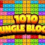 Värikkäitä, neliönmuotoisia palikoita muodostavat kuvion taustalla, keskellä teksti 1010 Jungle Blocks