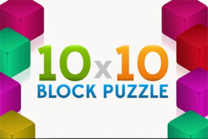 Värikkäät 3D-kuutiot kehystävät tekstiä 10x10 BLOCK PUZZLE valkoisella taustalla