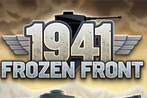 Tekstissä 1941 Frozen Front on hopeisilla kirjaimilla vaaleanruskealla taustalla, ja kirjainten takaa näkyy panssarivaunu