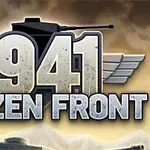 Tekstissä 1941 Frozen Front on hopeisilla kirjaimilla vaaleanruskealla taustalla, ja kirjainten takaa näkyy panssarivaunu