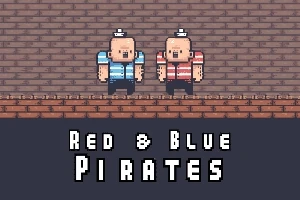 Kaksi pikselitaiteista merirosvoa tiiliseinän edessä, pukeutuneina siniseen ja punaiseen raitapaitaan, alla teksti Red & Blue Pirates