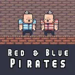 Kaksi pikselitaiteista merirosvoa tiiliseinän edessä, pukeutuneina siniseen ja punaiseen raitapaitaan, alla teksti Red & Blue Pirates