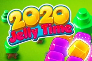 Värikkäitä palikoita ja teksti 2020 Jelly Time kirkkaanvihreällä taustalla