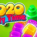 Värikkäitä palikoita ja teksti 2020 Jelly Time kirkkaanvihreällä taustalla