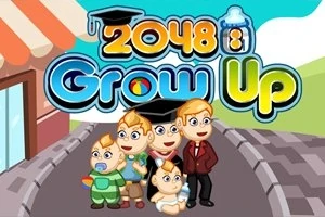 Kuvassa on viisi piirroshahmoa, joista kolme on vauvoja tai lapsia ja kaksi on aikuisia, sekä värikkäät sanat 2048 Grow Up taustalla