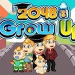 Kuvassa on viisi piirroshahmoa, joista kolme on vauvoja tai lapsia ja kaksi on aikuisia, sekä värikkäät sanat 2048 Grow Up taustalla