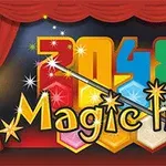 Värikäs kuvio, jossa on numerot 2048, taikasauva ja teksti Magic hex punaisen verhon edessä
