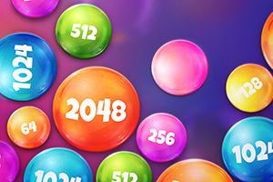 Erivärisiä ja -kokoisia kuplia, joissa on numeroita kuten 2048, 512 ja 256, violetilla taustalla
