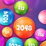 Erivärisiä ja -kokoisia kuplia, joissa on numeroita kuten 2048, 512 ja 256, violetilla taustalla
