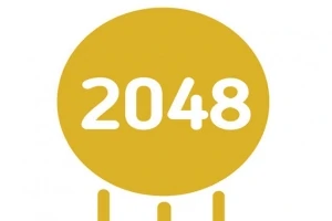 Keltainen ympyrä, jossa valkoiset numerot 2048, ja kolme keltaista pystysuoraa viivaa alapuolella
