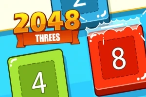Numerot 2048 ja Threes värikkäällä taustalla, jossa on numeroituja laattoja
