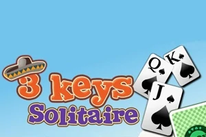 Korttikuvia sinisellä taustalla, jossa on näkyvillä kirjainkortit pataässä, patajätkä ja pata kuningatar, sekä teksti 3 keys Solitaire sombrero-hatulla koristeltuna