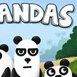 Kolme sarjakuvapandaa seisoo rannalla, taustalla laiva ja palmuja