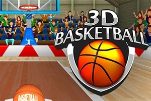 Koripallokenttä katsomossa olevine yleisöineen ja etualalla koripallo, päällä teksti 3D Basketball