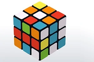 Monivärinen Rubikin kuutio, jossa on näkyvissä eri värisiä neliöitä kuten punainen, oranssi, sininen ja vihreä