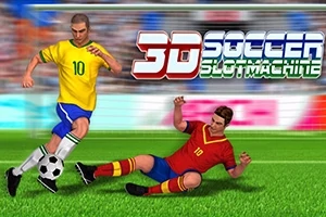 Kaksi piirrettyä jalkapalloilijaa, toinen keltainen paita, toinen punainen paita, kamppailevat pallosta kentällä; taustalla värikäs katsomo ja teksti 3D Soccer Slot Machine