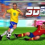 Kaksi piirrettyä jalkapalloilijaa, toinen keltainen paita, toinen punainen paita, kamppailevat pallosta kentällä; taustalla värikäs katsomo ja teksti 3D Soccer Slot Machine