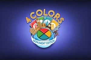 4 Colors Monument Edition -logo, jossa on värillisiä kortteja ja monumentteja sinisellä taustalla
