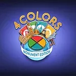 4 Colors Monument Edition -logo, jossa on värillisiä kortteja ja monumentteja sinisellä taustalla