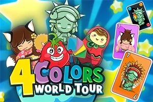 Animaatiohahmoja, värikkäitä kortteja ja teksti 4 Colors World Tour sinisellä taustalla