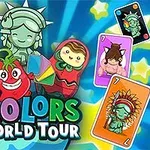 Animaatiohahmoja, värikkäitä kortteja ja teksti 4 Colors World Tour sinisellä taustalla
