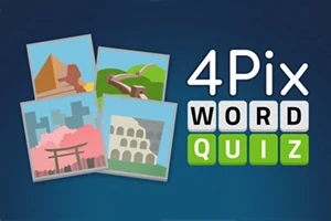 Neljä piirroskuvaa maamerkeistä ja teksti 4Pix Word Quiz tummansinisellä taustalla