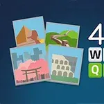 Neljä piirroskuvaa maamerkeistä ja teksti 4Pix Word Quiz tummansinisellä taustalla