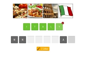 Neljä kuvaa esittävät pizzaa, pastaa, Colosseumia ja Italian lipun, niiden alapuolella on sana ITALY vihreillä kirjaimilla