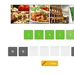 Neljä kuvaa esittävät pizzaa, pastaa, Colosseumia ja Italian lipun, niiden alapuolella on sana ITALY vihreillä kirjaimilla