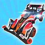 Punainen futuristinen auto, jossa on valkoisia ja mustia yksityiskohtia sekä sinistä valoa taustalla