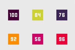 Kuusi eriväristä neliötä valkoisella numerolla: violetissa 100, limenvihreässä 84, tummansinisessä 76, oranssissa 92, purppuraisessa 56 ja punaisessa 96