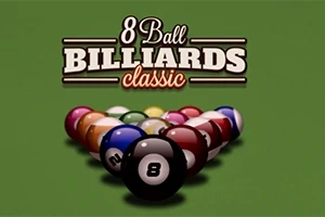Biljardipöytä, jonka keskellä on kolmiomuodostelmassa asetellut biljardipallot ja teksti 8 Ball Billiards Classic