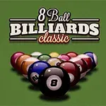Biljardipöytä, jonka keskellä on kolmiomuodostelmassa asetellut biljardipallot ja teksti 8 Ball Billiards Classic