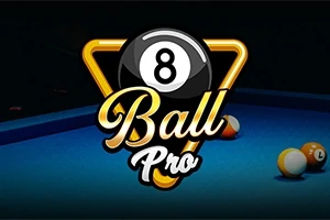 Kuvassa on biljardipöytä, jossa on oransseja ja valkoinen pallo, sekä suuri 8 Ball Pro -logo mustan pallon päällä