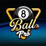 Kuvassa on biljardipöytä, jossa on oransseja ja valkoinen pallo, sekä suuri 8 Ball Pro -logo mustan pallon päällä